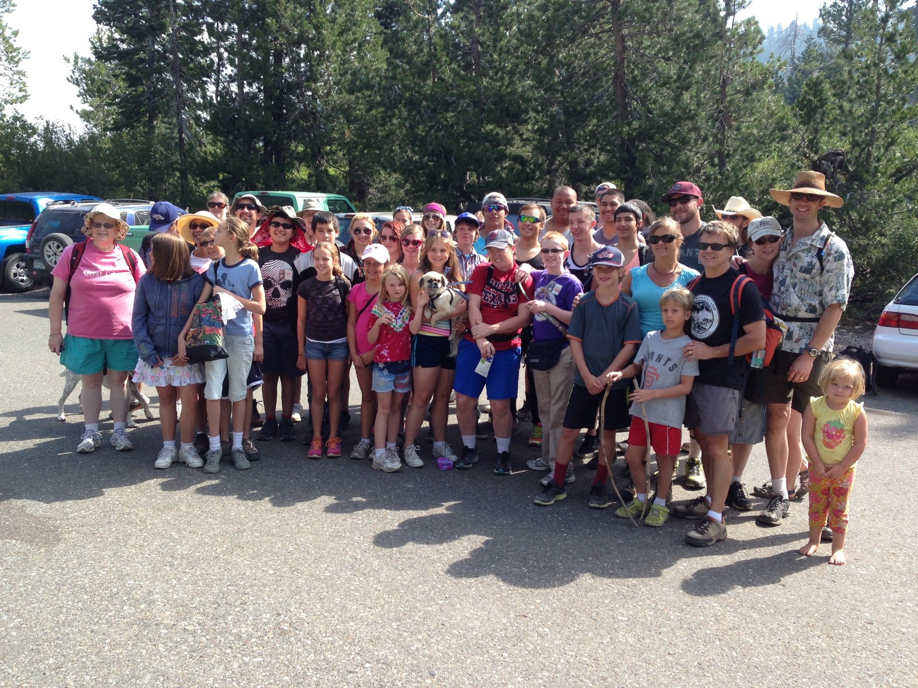 Church families and young people gathered outdoors at Shasta Family Camp
