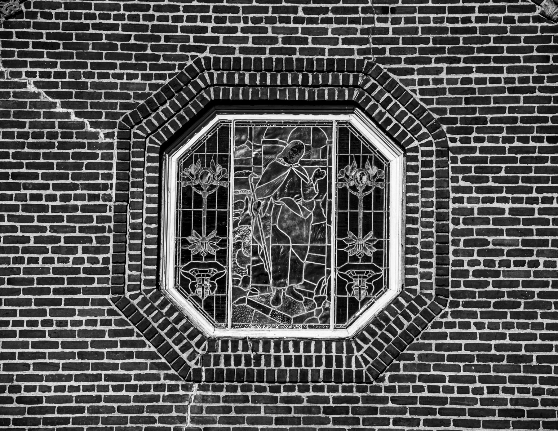 Exterior view of an octagonal stained glass window at Marysville First United Methodist Church in 2026