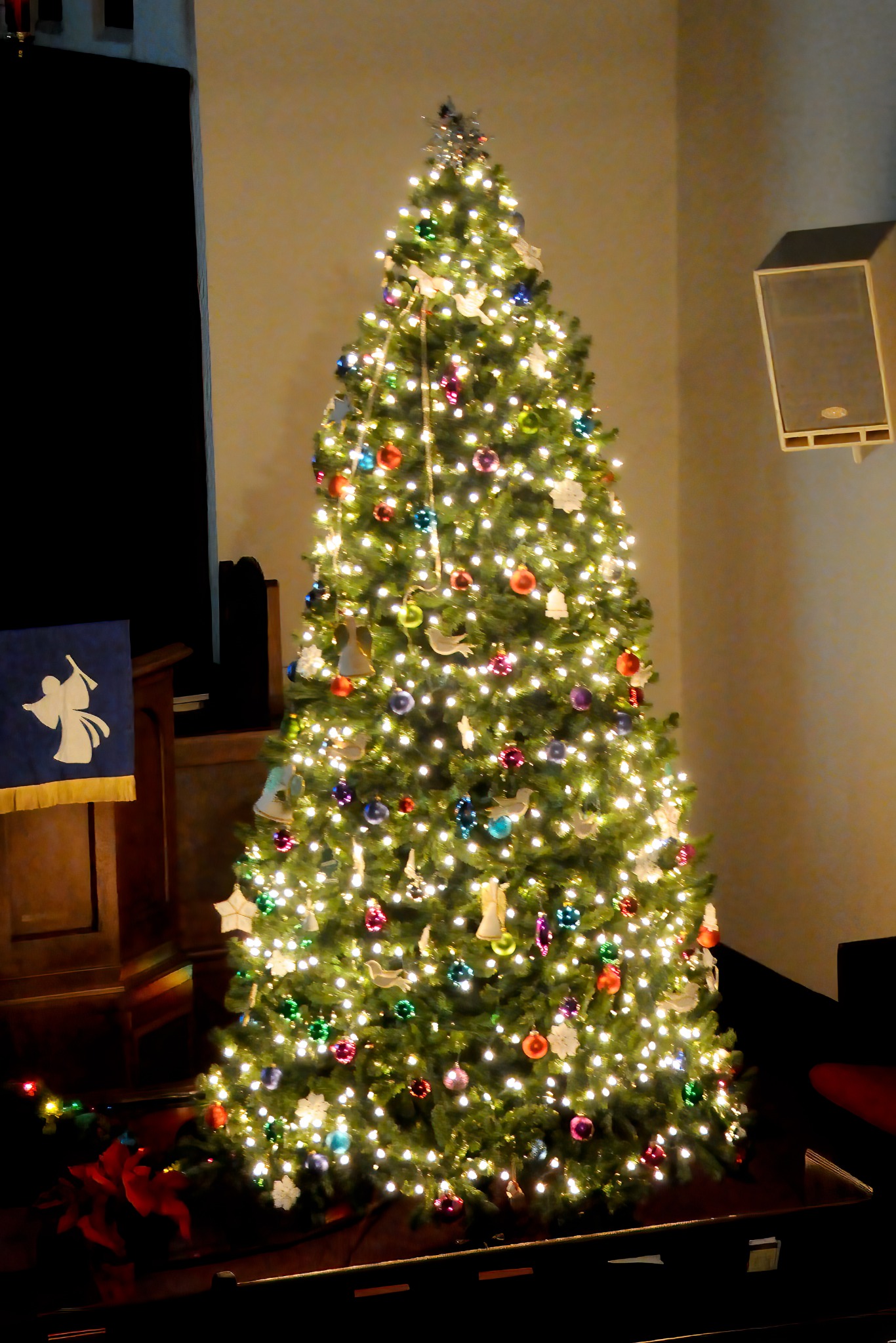 The completed sanctuary Christmas tree glowing with lights and ornaments.