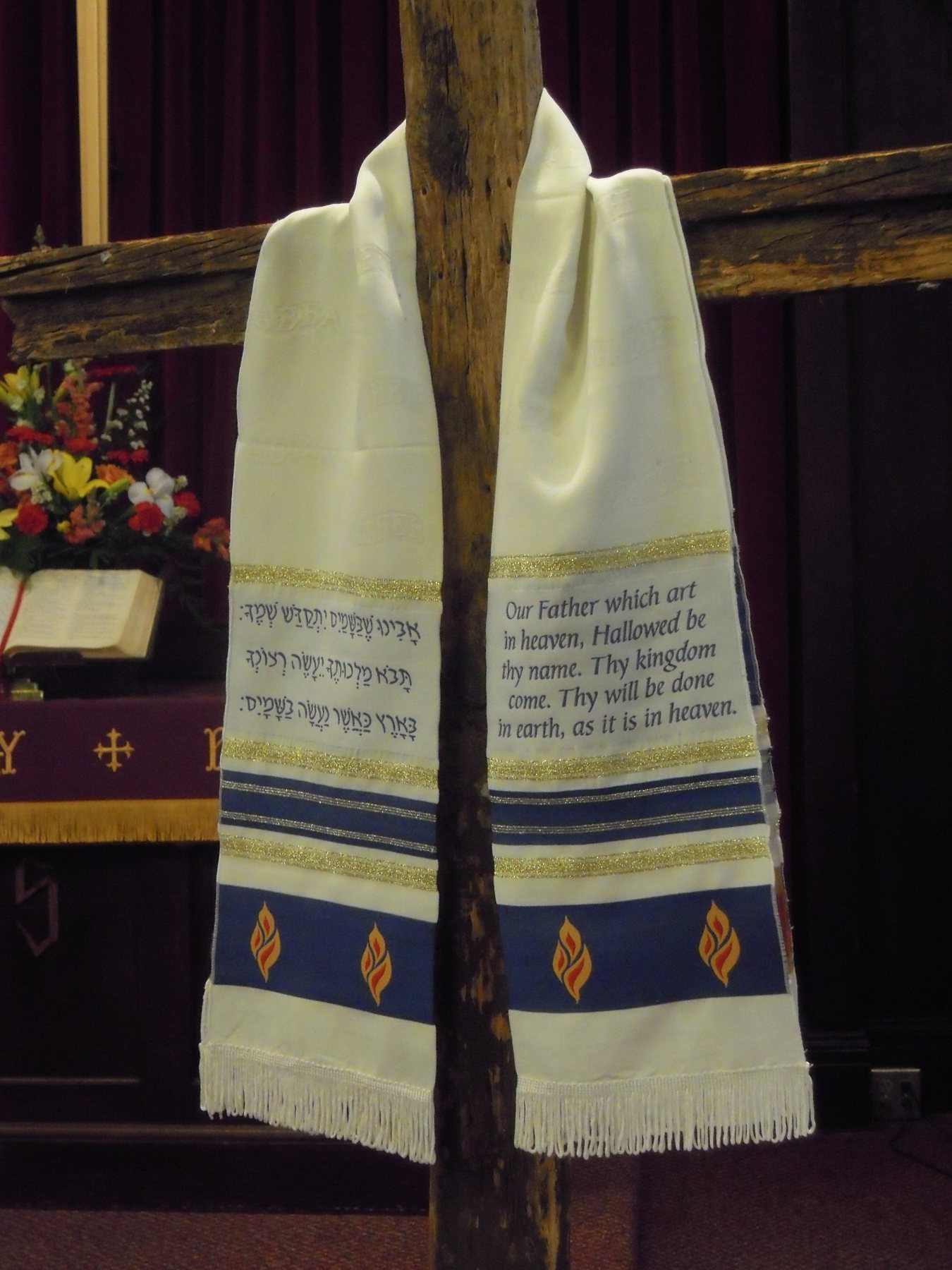 A cross and prayer cloth prepared for worship.