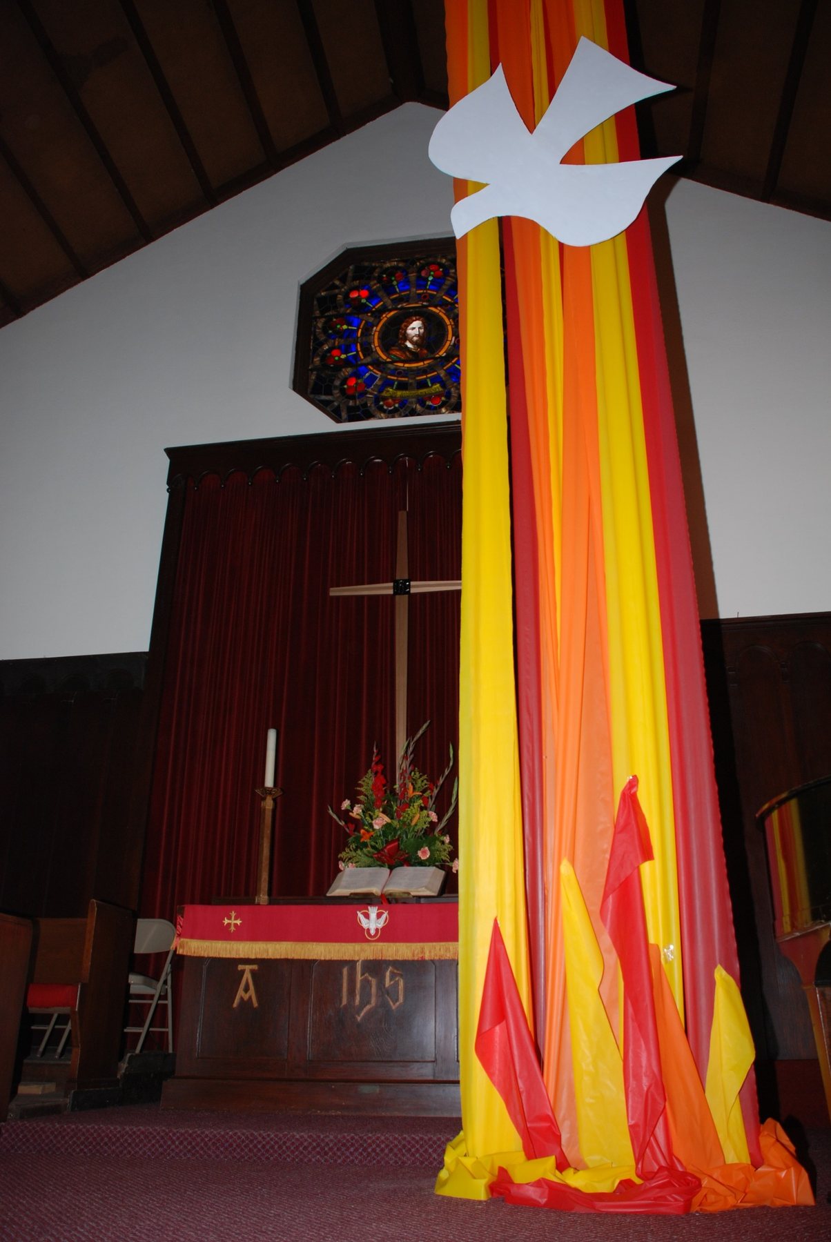 A dramatic vertical view of the Pentecost installation.