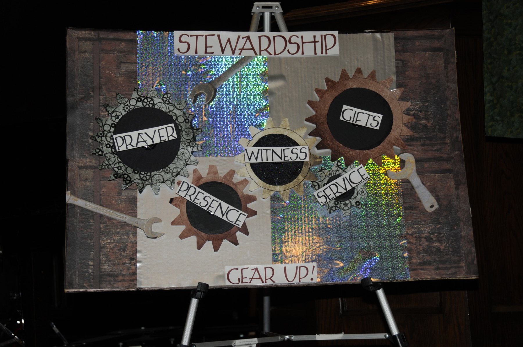 A stewardship display built around prayer, presence, gifts, service and witness.